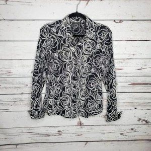Samuel Dong Black and White Embroidered Rose Abstract Print Button Down Top